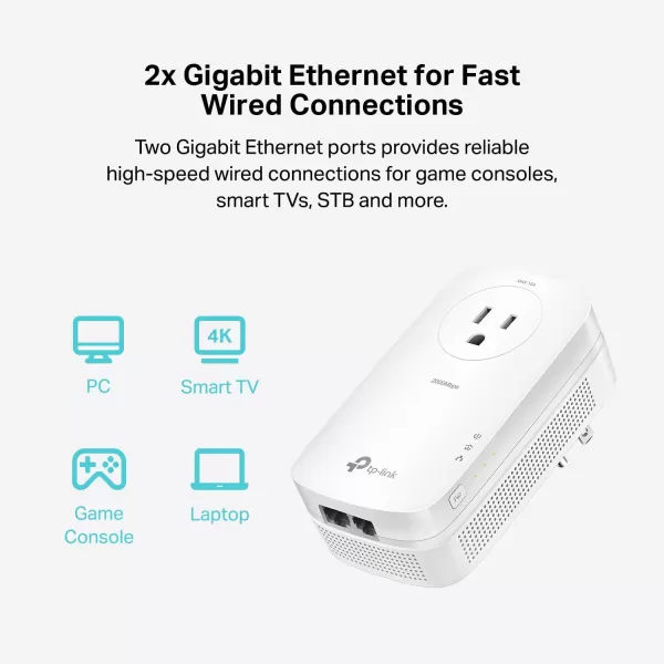 TPLink AV2000 Powerline Adapter  2 Gigabit Ports Ethernet Over Power PlugampampPlay Power Saving 2x2 MIMO Noise Filtering Extra Socket for other Devices Ideal for Gaming TLPA9020P KIT