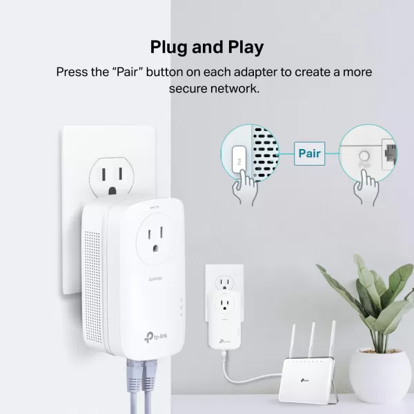 TPLink AV2000 Powerline Adapter  2 Gigabit Ports Ethernet Over Power PlugampampPlay Power Saving 2x2 MIMO Noise Filtering Extra Socket for other Devices Ideal for Gaming TLPA9020P KIT