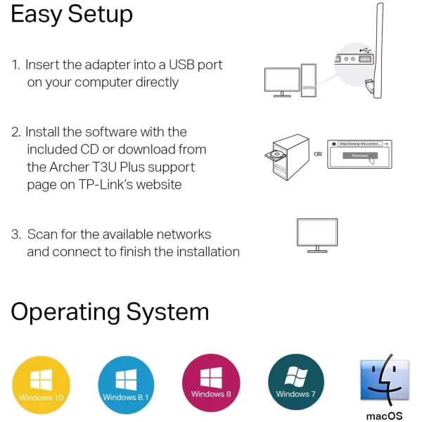 TPLink USB WiFi Adapter for Desktop PC AC1300 USB 30 Wireless Dual Band Network Adapter with High Gain AntennaArcher T3U Plus MUMIMO Windows 11108187XP Mac OS 1091015AC1300