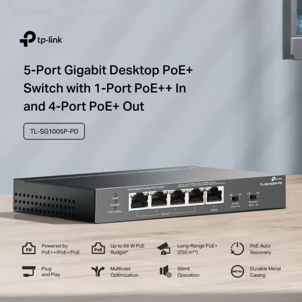 TPLink TLSG1005P 5 Port Gigabit PoE Switch 4 PoE Ports 65W Desktop Plug ampamp Play Sturdy Metal w Shielded Ports Fanless QoS ampamp IGMP Snoopingblack5 Port  1 PoE In  PoE Powered