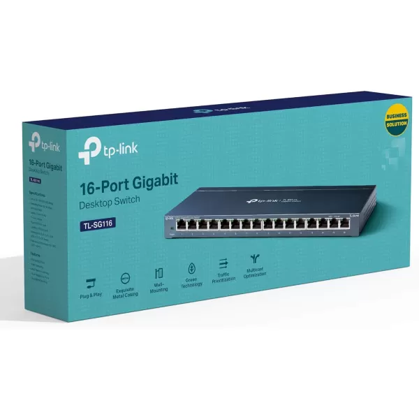 TPLink 16 Port Gigabit Ethernet Network Switch Desktop WallMount Fanless Sturdy Metal w Shielded Ports Traffic Optimization Unmanaged TLSG116 BlackUnmanaged