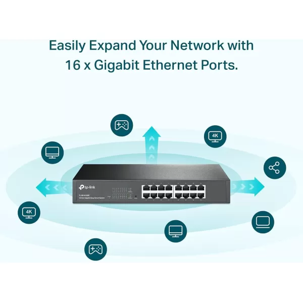 TPLink 16 Port Gigabit Switch Easy Smart Managed Plug ampamp Play DesktopRackmount Sturdy Metal w Shielded Ports Support QoS Vlan IGMP ampamp Link Aggregation TLSG1016DEBlack