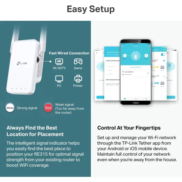 TPLink AC1200 WiFi Extender 2024 Wirecutter Best WiFi Extender 12Gbps home signal booster Dual Band 5GHz24GHz Covers Up to 1500 Sqft and 30 Devices support Onemesh One Ethernet Port RE315WiFi 5