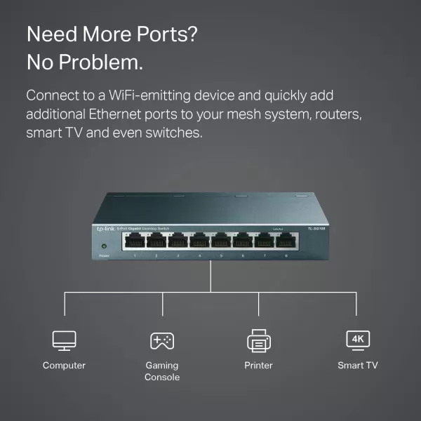 TPLink TLSG108 8 Port Gigabit Unmanaged Ethernet Network Switch Ethernet Splitter Plug ampamp Play Fanless Metal Design Shielded Ports Traffic Optimization