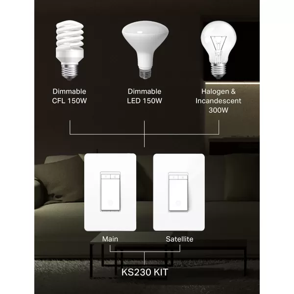 Kasa Smart 3 Way Dimmer Switch KIT Dimmable Light Switch Compatible with Alexa Google Assistant and SmartThings Neutral Wire Needed 24GHz ETL Certified No Hub Required White KS230 KIT v2