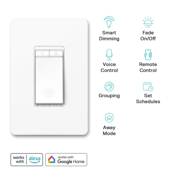 Kasa Smart Dimmer Switch HS220 Single Pole Needs Neutral Wire 24GHz WiFi Light Switch Works with Alexa and Google Home UL Certified No Hub Required 1 PackWhite