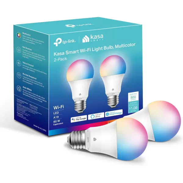 Kasa Smart Light Bulbs Full Color Changing Dimmable Smart WiFi Bulbs Compatible with Alexa and Google Home A19 60 W 800 Lumens24Ghz only No Hub Required 2Pack KL125P2 MulticolorMulticolor