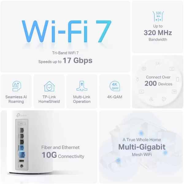 TPLink Deco BE33000 QuadBand WiFi 7 Mesh System Deco BE95 for Whole Home Coverage up to 7800 SqFt with AIDriven Smart Antennas 10G MultiGig Ethernet ports Replaces Router and Extender2packWiFi 7 BE17000  2Pack