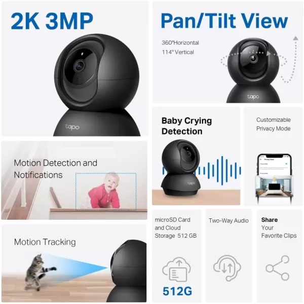 TPLink Tapo 2K Pan Tilt Security Camera for Baby Monitor Dog Camera wMotion Detection 2Way Audio Siren Night Vision Cloud ampampSD Card Storage Up to 256 GB Works with Alexa ampamp Google Home C210Black