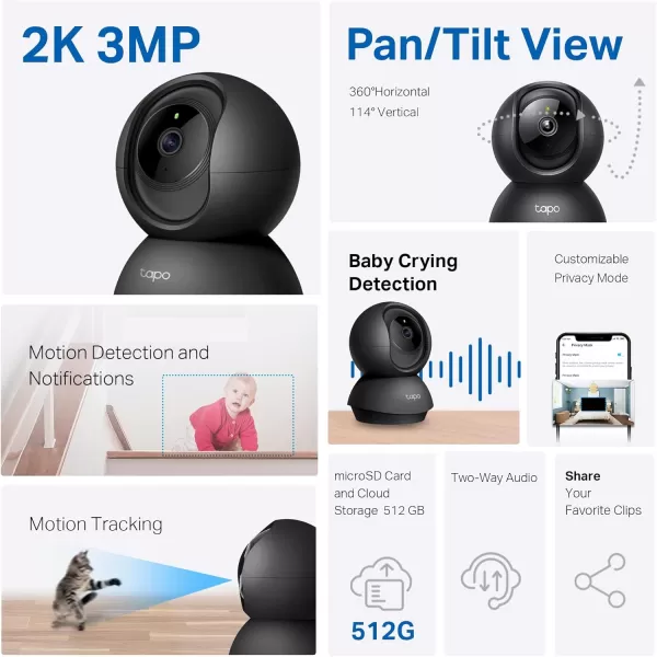 TPLink Tapo 2K Pan Tilt Security Camera for Baby Monitor Dog Camera wMotion Detection 2Way Audio Siren Night Vision Cloud ampampSD Card Storage Up to 256 GB Works with Alexa ampamp Google Home C210Black