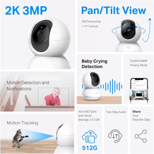 TPLink Tapo 2K Pan Tilt Security Camera for Baby Monitor Dog Camera wMotion Detection 2Way Audio Siren Night Vision Cloud ampampSD Card Storage Up to 256 GB Works with Alexa ampamp Google Home C210White