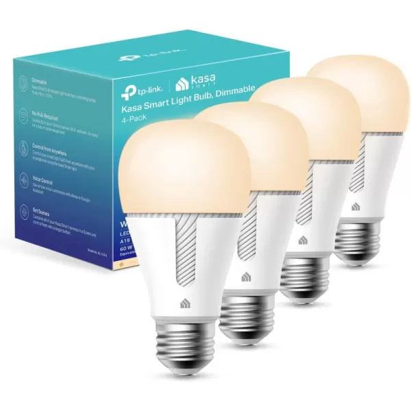 Kasa Smart Light Bulb KL110 LED WiFi smart bulb works with Alexa and Google Home A19 Dimmable 24Ghz No Hub Required 800LM Soft White 2700K 9W 60W Equivalent4Pack Newer Version