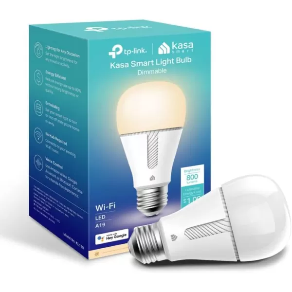 Kasa Smart Light Bulb KL110 LED WiFi smart bulb works with Alexa and Google Home A19 Dimmable 24Ghz No Hub Required 800LM Soft White 2700K 9W 60W EquivalentWhite Newer Version