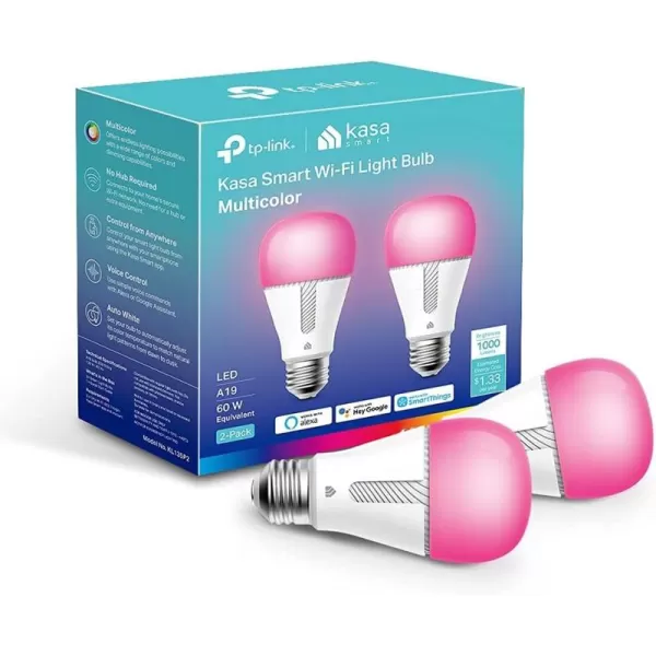 Kasa Smart Light Bulbs Full Color Changing Dimmable Smart WiFi Bulbs Compatible with Alexa and Google Home A19 60 W 800 Lumens24Ghz only No Hub Required 2Pack KL125P2 MulticolorWhite