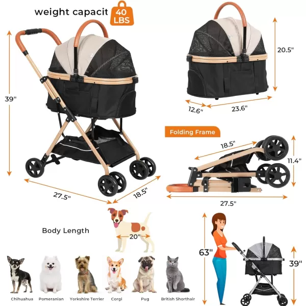 Dog Stroller 3in1 Foldable Gear for Small Medium Dogs 4 Wheels Pet Stroller with Sturdy Metal Frame Storage Basket Dog Carrier Trolley with Mesh Window OneButton Switch Lightweight Travel SystemElegant Beige