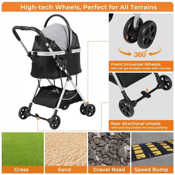 Dog Stroller 3in1 Foldable Gear for Small Medium Dogs 4 Wheels Pet Stroller with Sturdy Metal Frame Storage Basket Dog Carrier Trolley with Mesh Window OneButton Switch Lightweight Travel SystemFashion Grey