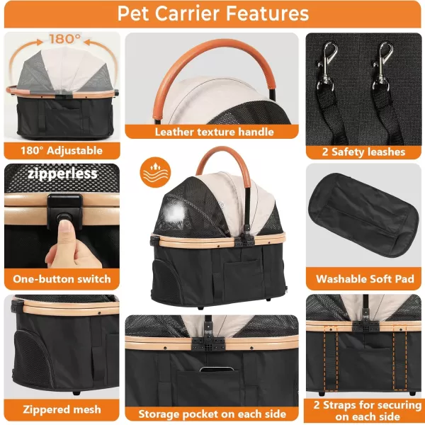 Dog Stroller 3in1 Foldable Gear for Small Medium Dogs 4 Wheels Pet Stroller with Sturdy Metal Frame Storage Basket Dog Carrier Trolley with Mesh Window OneButton Switch Lightweight Travel SystemElegant Beige