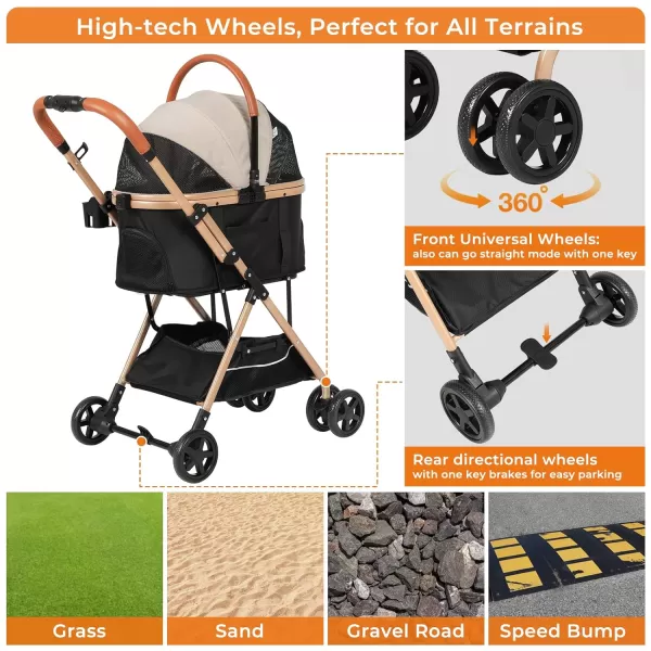 Dog Stroller 3in1 Foldable Gear for Small Medium Dogs 4 Wheels Pet Stroller with Sturdy Metal Frame Storage Basket Dog Carrier Trolley with Mesh Window OneButton Switch Lightweight Travel SystemElegant Beige