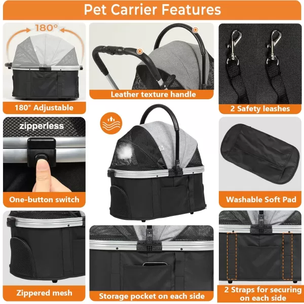 Dog Stroller 3in1 Foldable Gear for Small Medium Dogs 4 Wheels Pet Stroller with Sturdy Metal Frame Storage Basket Dog Carrier Trolley with Mesh Window OneButton Switch Lightweight Travel SystemFashion Grey