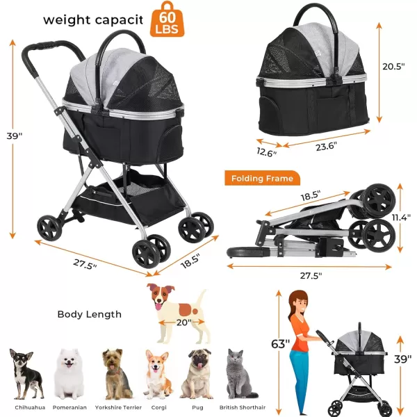 Dog Stroller 3in1 Foldable Gear for Small Medium Dogs 4 Wheels Pet Stroller with Sturdy Metal Frame Storage Basket Dog Carrier Trolley with Mesh Window OneButton Switch Lightweight Travel SystemFashion Grey