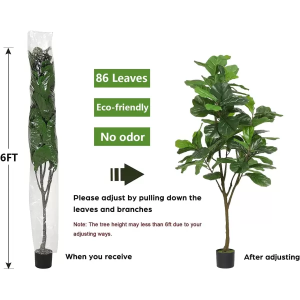 VIAGDO Artificial Fiddle Leaf Fig Tree 6ft Tall 86 Decorative Faux Fiddle Leaves Fake Fig Silk Tree in Pot Artificial Tree for Home Office Living Room Bathroom Corner Decor Indoor6 FT