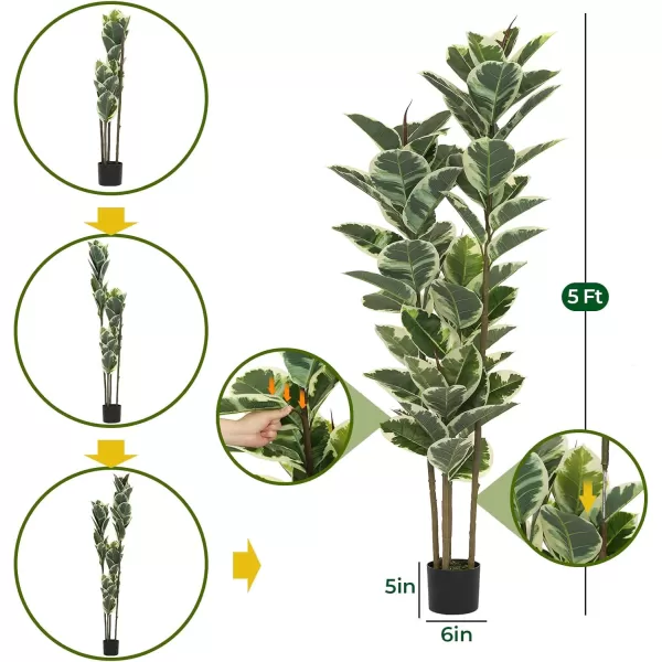 VIAGDO Artificial Rubber Tree Plant 5ft Tall Faux Rubber Plant with Pot Faux Plants Indoor Artificial House Floor Plants Outdoor Fake Rubber Trees for Living Room Office Decor Housewarming Gift5 FT
