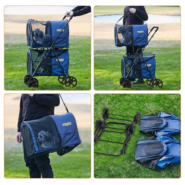 VIAGDO Dog Strollers for Small Medium Dogs Double Cat Strollers for 2 Cats 4in1 Small Doggy Pet Stroller 2 Detachable Carriers 4 Lockable Wheels Pet Travel Cart Folding Trolley Navy BlueNavy Blue