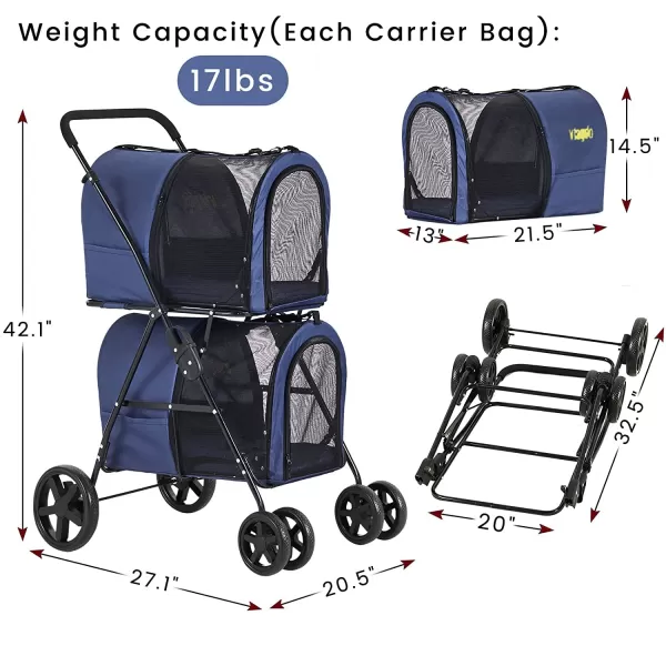 VIAGDO Dog Strollers for Small Medium Dogs Double Cat Strollers for 2 Cats 4in1 Small Doggy Pet Stroller 2 Detachable Carriers 4 Lockable Wheels Pet Travel Cart Folding Trolley Navy BlueNavy Blue