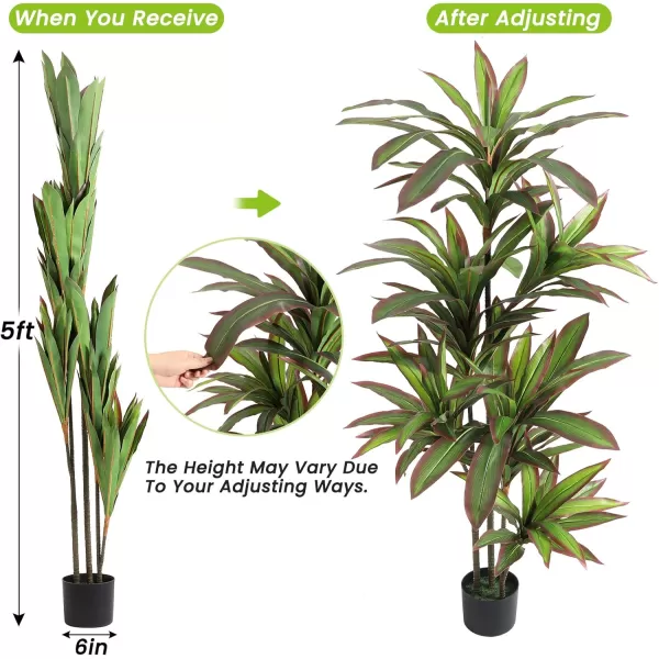 VIAGDO Dracaena Silk Plant Artificial 5ft Faux House Plants Evergreen Dracaena Marginata Fake Yucca Palm Trees in Pot Realistic Dragon Tree for Living Room Home Office Decor Indoor OutdoorRed