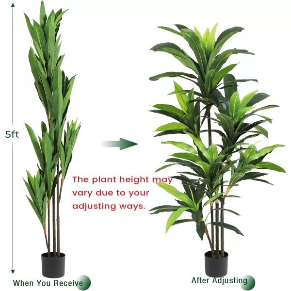 VIAGDO Dracaena Silk Plant Artificial 5ft Faux House Plants Evergreen Dracaena Marginata Fake Yucca Palm Trees in Pot Realistic Dragon Tree for Living Room Home Office Decor Indoor OutdoorGreen