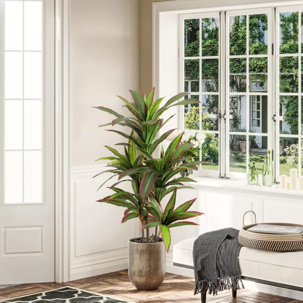 VIAGDO Dracaena Silk Plant Artificial 5ft Faux House Plants Evergreen Dracaena Marginata Fake Yucca Palm Trees in Pot Realistic Dragon Tree for Living Room Home Office Decor Indoor OutdoorRed