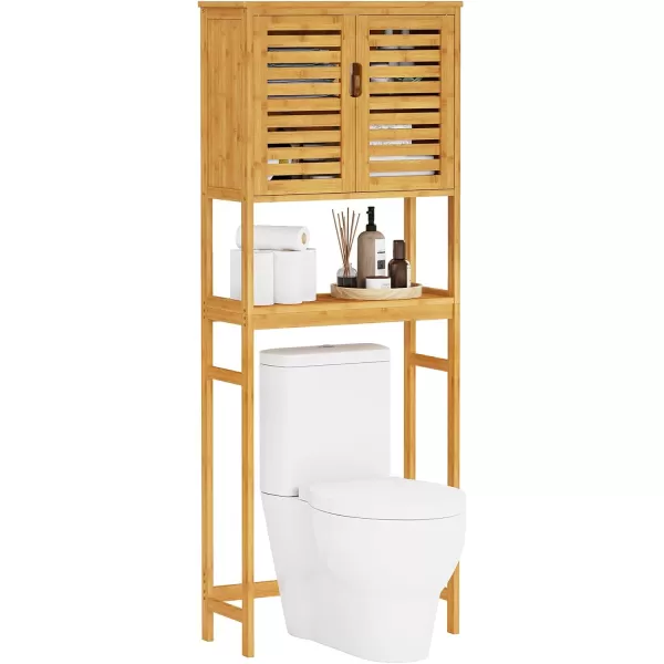 VIAGDO Over The Toilet Storage Cabinet Tall Bathroom Cabinet Organizer with Cupboard and Adjustable Shelves Freestanding Toilet Shelf Space Saver Rack Stand for Laundry Room Balcony BambooNatural