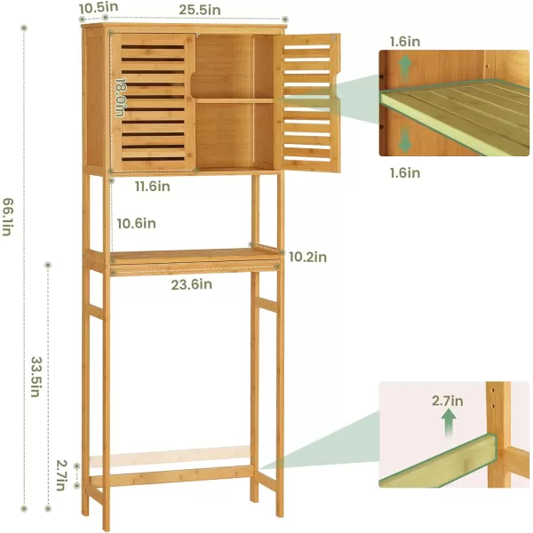 VIAGDO Over The Toilet Storage Cabinet Tall Bathroom Cabinet Organizer with Cupboard and Adjustable Shelves Freestanding Toilet Shelf Space Saver Rack Stand for Laundry Room Balcony BambooNatural