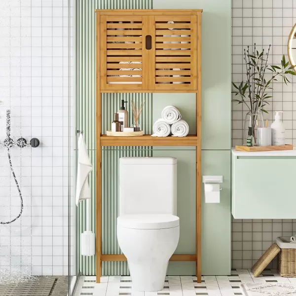 VIAGDO Over The Toilet Storage Cabinet Tall Bathroom Cabinet Organizer with Cupboard and Adjustable Shelves Freestanding Toilet Shelf Space Saver Rack Stand for Laundry Room Balcony BambooNatural