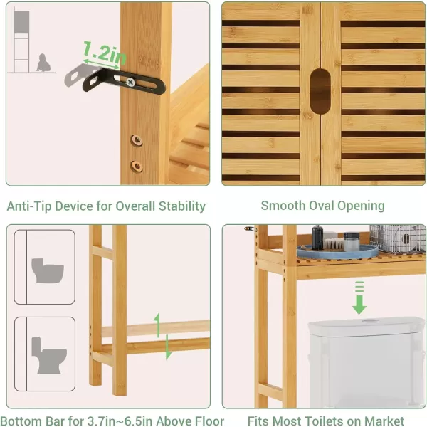 VIAGDO Over The Toilet Storage Cabinet Tall Bathroom Cabinet Organizer with Cupboard and Adjustable Shelves Freestanding Toilet Shelf Space Saver Rack Stand for Laundry Room Balcony BambooNatural