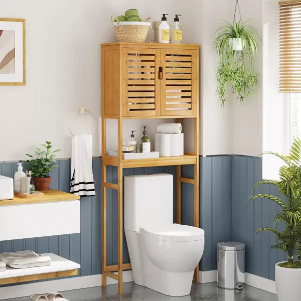 VIAGDO Over The Toilet Storage Cabinet Tall Bathroom Cabinet Organizer with Cupboard and Adjustable Shelves Freestanding Toilet Shelf Space Saver Rack Stand for Laundry Room Balcony BambooNatural