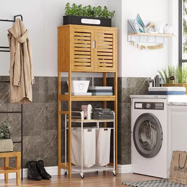 VIAGDO Over The Toilet Storage Cabinet Tall Bathroom Cabinet Organizer with Cupboard and Adjustable Shelves Freestanding Toilet Shelf Space Saver Rack Stand for Laundry Room Balcony BambooNatural