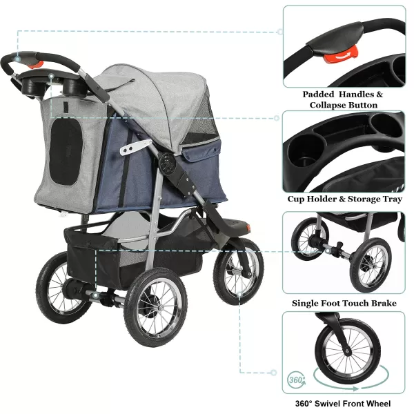 VIAGDO Premium Heavy Duty Pet Stroller for Small Medium Dogs ampamp Cats 3Wheel Dog Stroller Foldable Cat Stroller with Suspension SystemOneHand Fold Max Loading 55 LBSBlueGrey