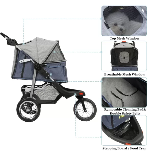 VIAGDO Premium Heavy Duty Pet Stroller for Small Medium Dogs ampamp Cats 3Wheel Dog Stroller Foldable Cat Stroller with Suspension SystemOneHand Fold Max Loading 55 LBSBlueGrey