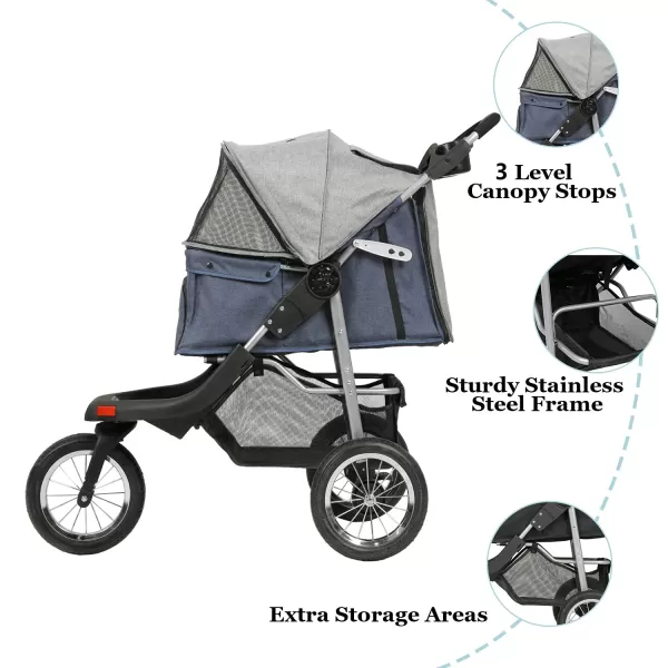 VIAGDO Premium Heavy Duty Pet Stroller for Small Medium Dogs ampamp Cats 3Wheel Dog Stroller Foldable Cat Stroller with Suspension SystemOneHand Fold Max Loading 55 LBSBlueGrey