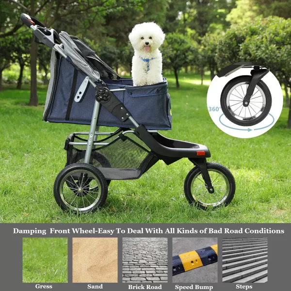 VIAGDO Premium Heavy Duty Pet Stroller for Small Medium Dogs ampamp Cats 3Wheel Dog Stroller Foldable Cat Stroller with Suspension SystemOneHand Fold Max Loading 55 LBSBlueGrey