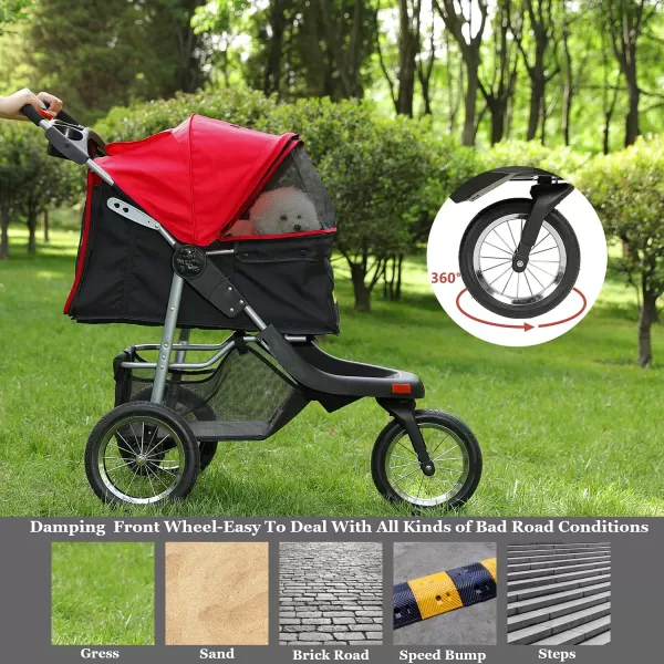 VIAGDO Premium Heavy Duty Pet Stroller for Small Medium Dogs ampamp Cats 3Wheel Dog Stroller Foldable Cat Stroller with Suspension SystemOneHand Fold Max Loading 55 LBSBlack Red