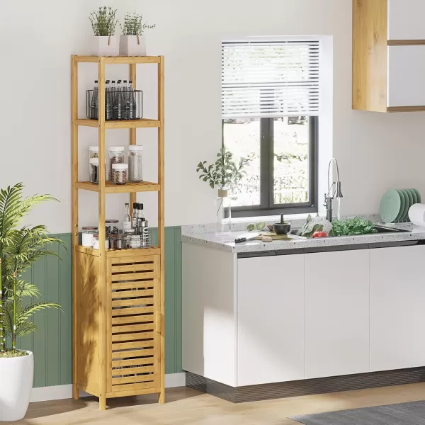 VIAGDO Storage Tall Slim Cabinet with Shutter Door and 3 Tier Shelves Freestanding Linen Tower Cabinet for Living Room Kitchen Bathroom Organizer Natural Bamboo