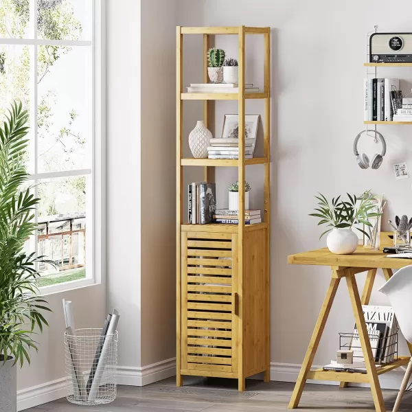 VIAGDO Storage Tall Slim Cabinet with Shutter Door and 3 Tier Shelves Freestanding Linen Tower Cabinet for Living Room Kitchen Bathroom Organizer Natural Bamboo