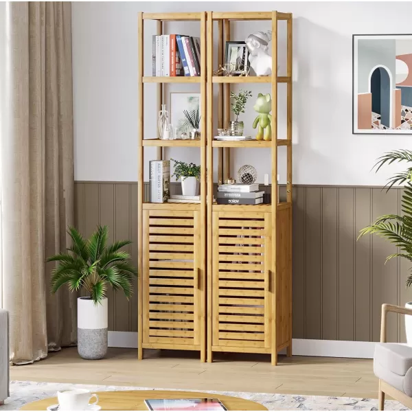 VIAGDO Storage Tall Slim Cabinet with Shutter Door and 3 Tier Shelves Freestanding Linen Tower Cabinet for Living Room Kitchen Bathroom Organizer Natural Bamboo
