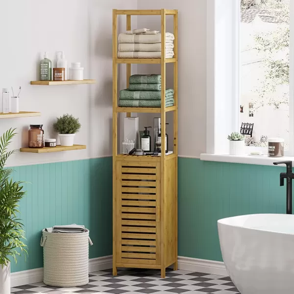 VIAGDO Storage Tall Slim Cabinet with Shutter Door and 3 Tier Shelves Freestanding Linen Tower Cabinet for Living Room Kitchen Bathroom Organizer Natural Bamboo