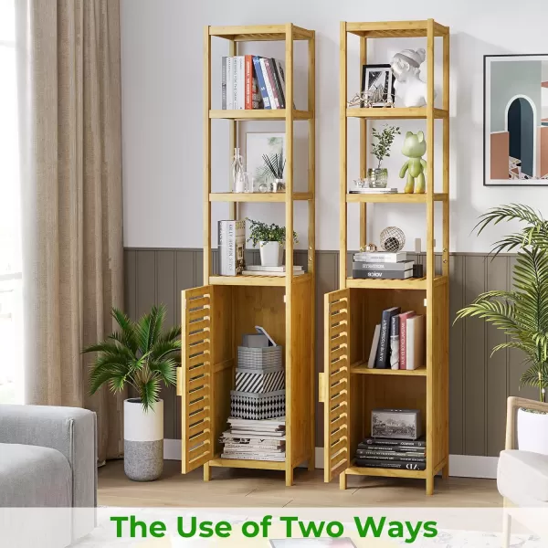 VIAGDO Storage Tall Slim Cabinet with Shutter Door and 3 Tier Shelves Freestanding Linen Tower Cabinet for Living Room Kitchen Bathroom Organizer Natural Bamboo