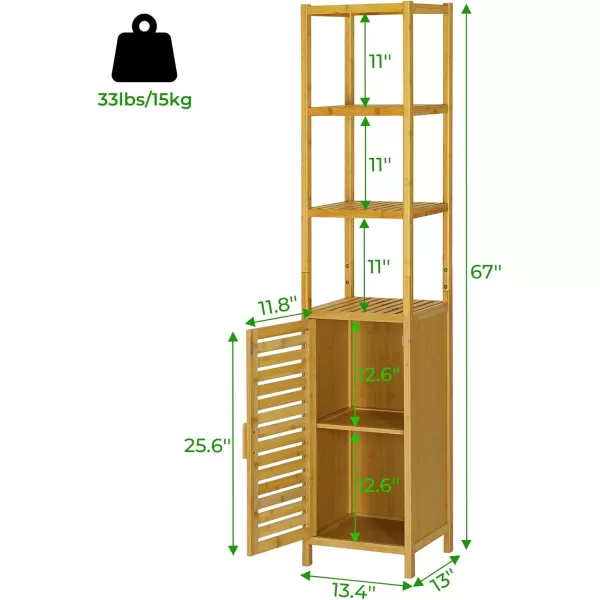 VIAGDO Storage Tall Slim Cabinet with Shutter Door and 3 Tier Shelves Freestanding Linen Tower Cabinet for Living Room Kitchen Bathroom Organizer Natural Bamboo