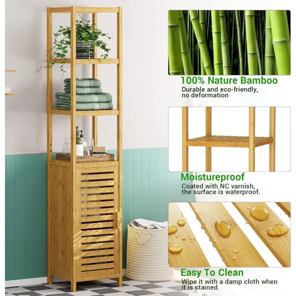 VIAGDO Storage Tall Slim Cabinet with Shutter Door and 3 Tier Shelves Freestanding Linen Tower Cabinet for Living Room Kitchen Bathroom Organizer Natural Bamboo