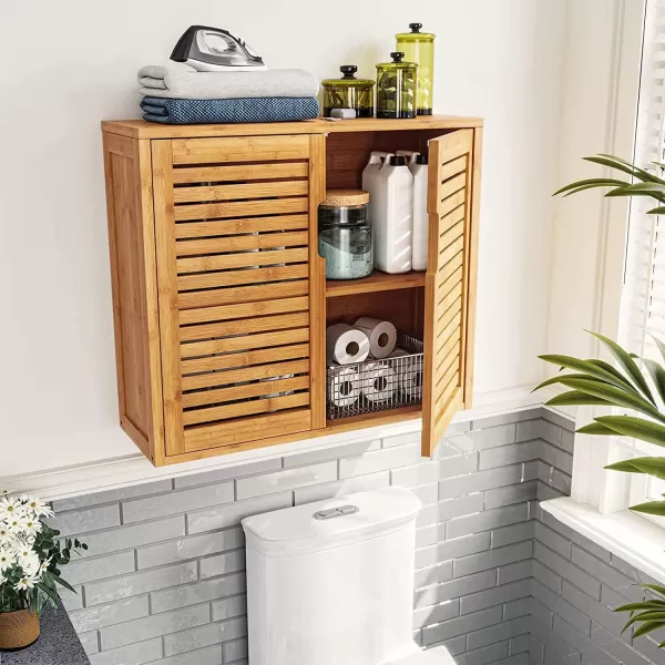 VIAGDO Wall Cabinet Bathroom Storage Cabinet Wall Mounted with Adjustable Shelves Inside Double Door Medicine Cabinet Utility Cabinet Organizer Over Toilet Bamboo 232Lx83Wx201HDouble Door